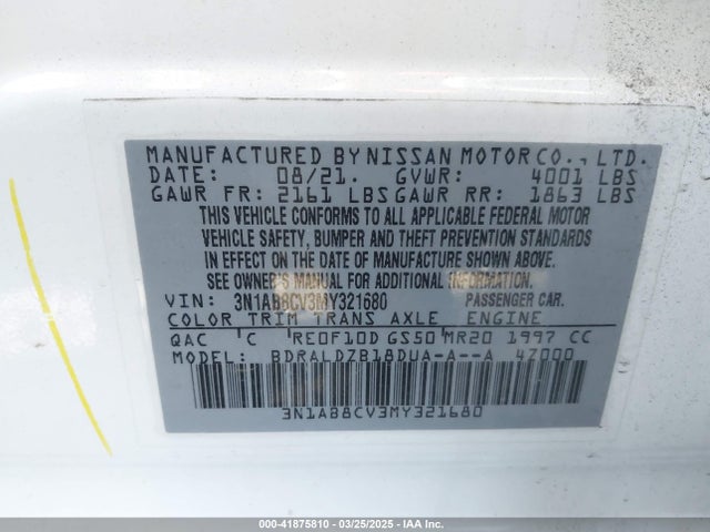 3N1AB8CV3MY321680 Nissan Sentra Sv Xtronic Cvt
