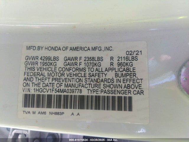 1HGCV1F54MA039778 Honda Accord Ex-l