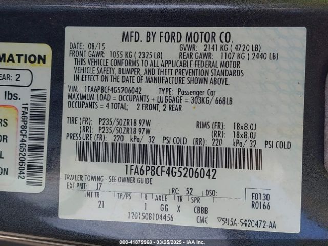 1FA6P8CF4G5206042 Ford MUSTANG GT
