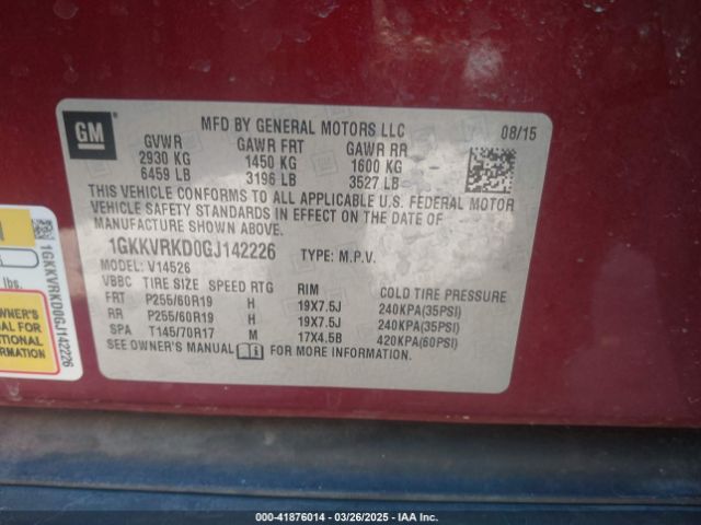 1GKKVRKD0GJ142226 GMC ACADIA SLT