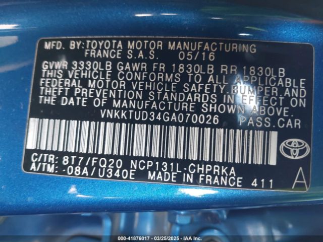 VNKKTUD34GA070026 Toyota YARIS L