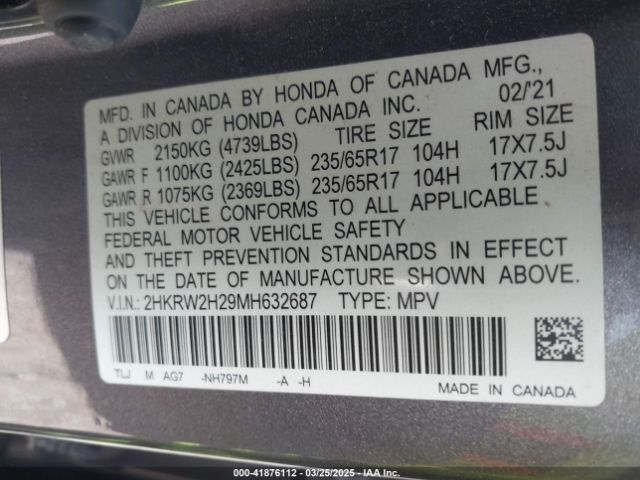 2HKRW2H29MH632687 Honda Cr-v Awd Lx