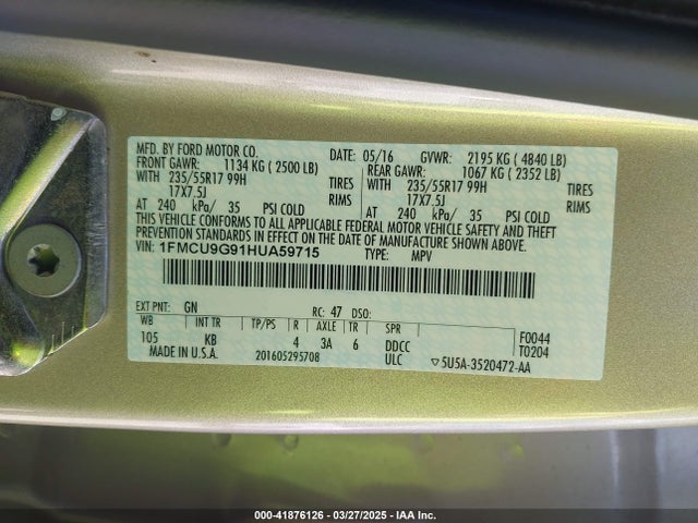 1FMCU9G91HUA59715 Ford ESCAPE SE