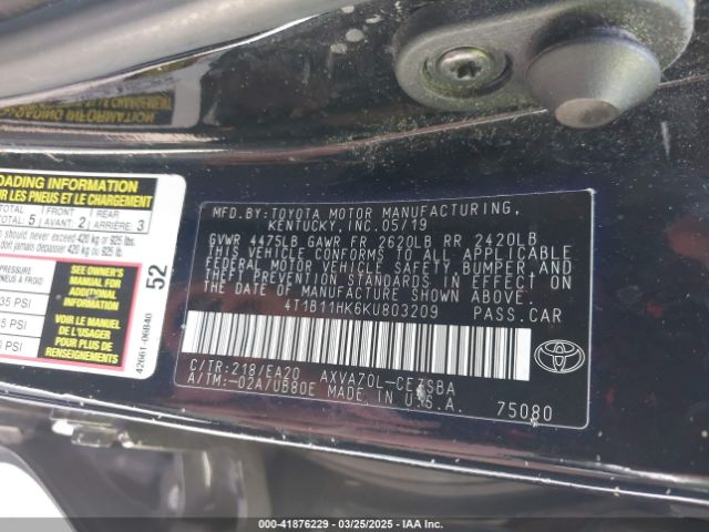 4T1B11HK6KU803209 Toyota CAMRY SE