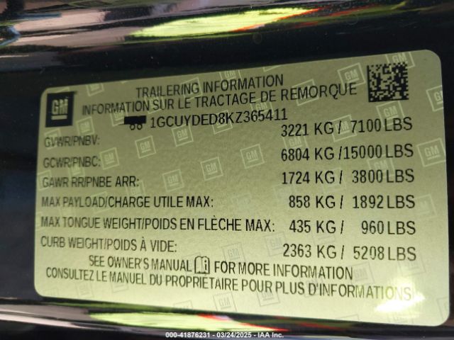 1GCUYDED8KZ365411 Chevrolet Silverado 1500 Lt