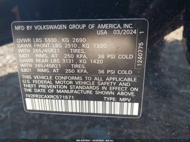 1V2FR2CAXRC571571 Volkswagen Atlas 2.0t Sel Premium R-line