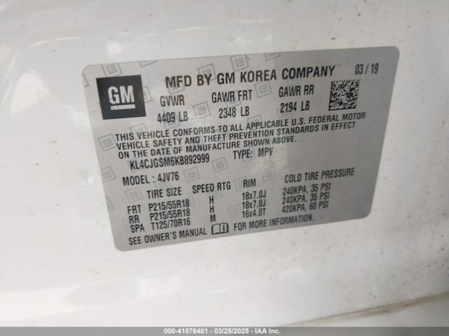 KL4CJGSM6KB892999 Buick Encore Awd Essence