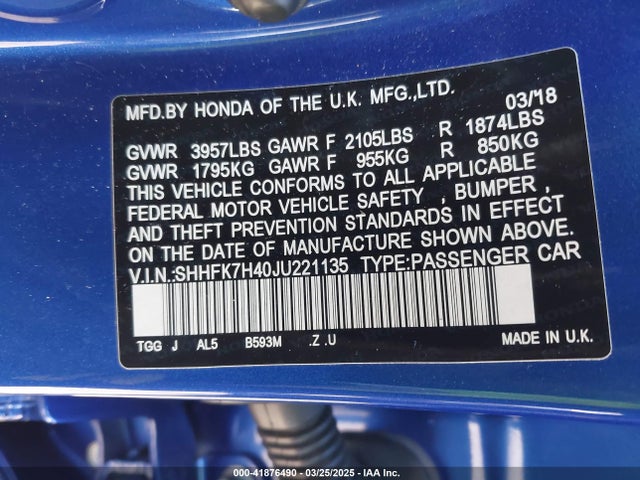 SHHFK7H40JU221135 Honda Civic Sport