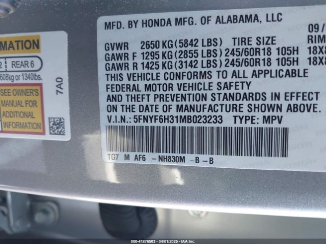 5FNYF6H31MB023233 Honda Pilot Awd Ex