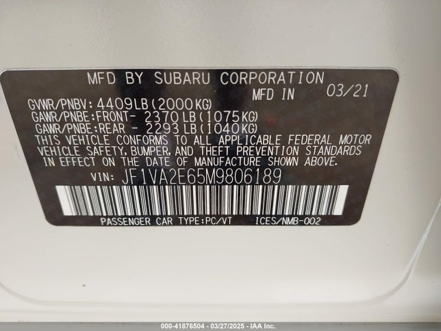 Subaru high power turbo 2021 JF1VA2E65M9806189 Image 9