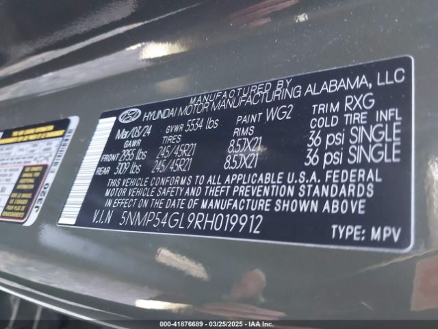 5NMP54GL9RH019912 Hyundai Santa Fe Calligraphy