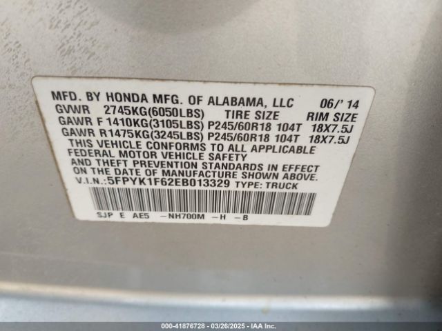 5FPYK1F62EB013329 Honda Ridgeline Se