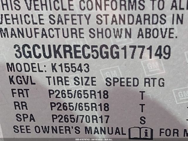 3GCUKREC5GG177149 Chevrolet Silverado 1500 1lt