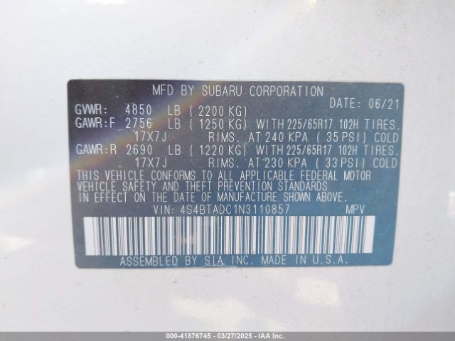 4S4BTADC1N3110857 Subaru Outback Premium