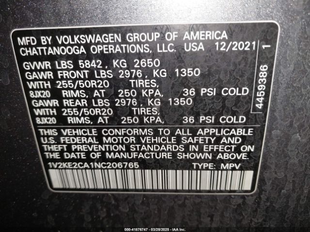 1V2KE2CA1NC206765 Volkswagen Atlas Cross Sport 3.6l V6 Se W/technology