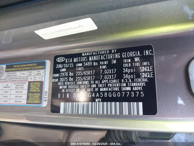 5XYPG4A58GG077375 KIA Sorento 3.3l Lx