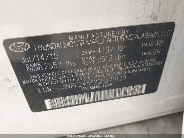 5NPE24AF2GH270130 Hyundai SONATA SE