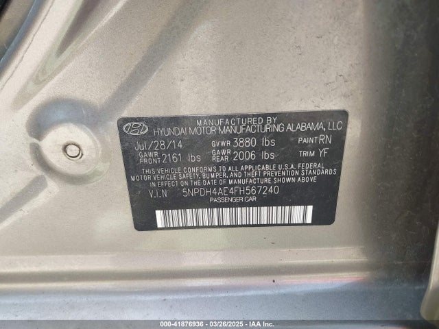 Hyundai ELANTRA SE 2015 5NPDH4AE4FH567240 Image 9