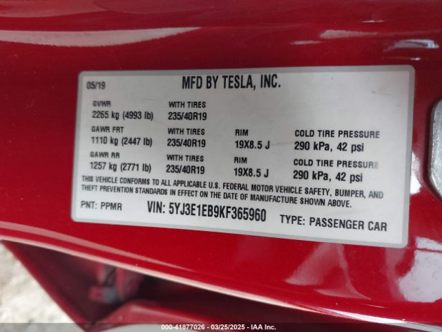5YJ3E1EB9KF365960 Tesla Model 3 Long Range/performance