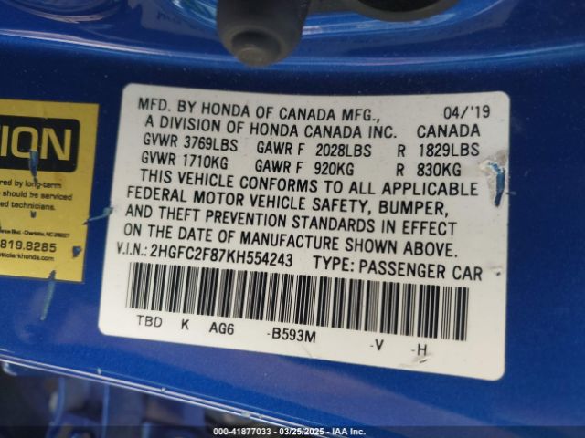 2HGFC2F87KH554243 Honda Civic Sport