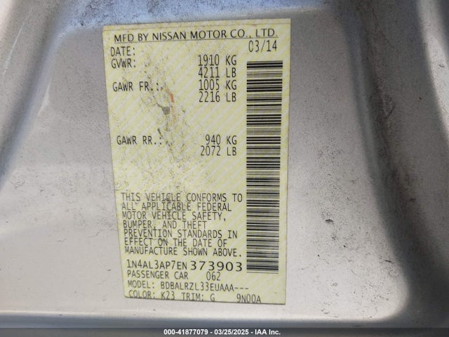 1N4AL3AP7EN373903 Nissan Altima 2.5/2.5 S/2.5 Sl/2.5 Sv