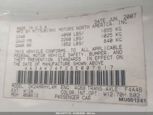 2008 MITSUBISHI ECLIPSE 4A3AK24F28E007617 Photo 8