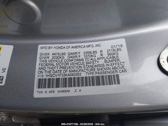 1HGCV1F33KA043302 Honda Accord Sport