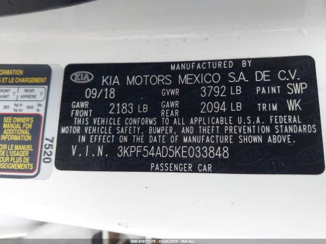 3KPF54AD5KE033848 KIA FORTE EX