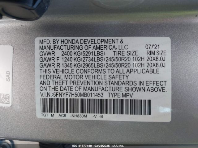 5FNYF7H50MB011453 Honda Passport 2wd Ex-l