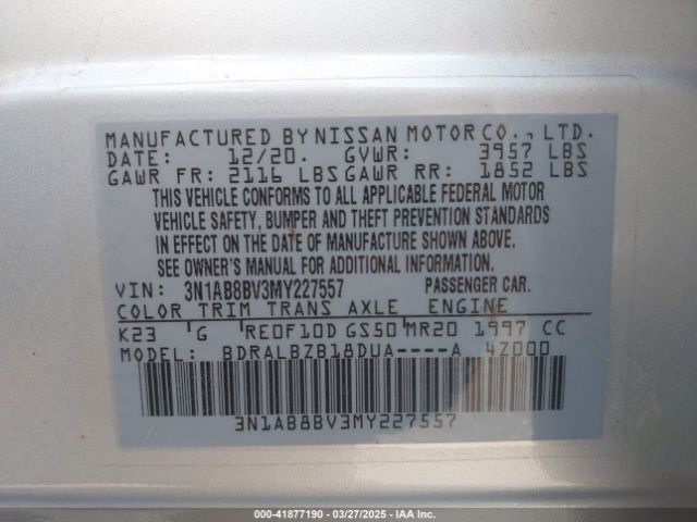3N1AB8BV3MY227557 Nissan Sentra S Xtronic Cvt