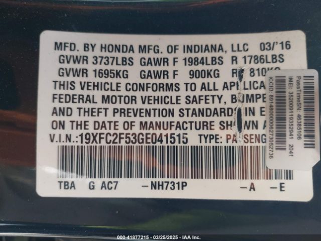 19XFC2F53GE041515 Honda Civic Lx