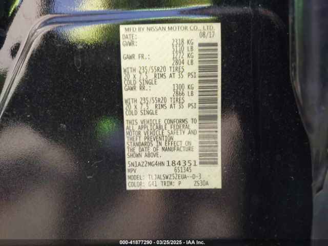 5N1AZ2MG4HN184351 Nissan Murano Platinum