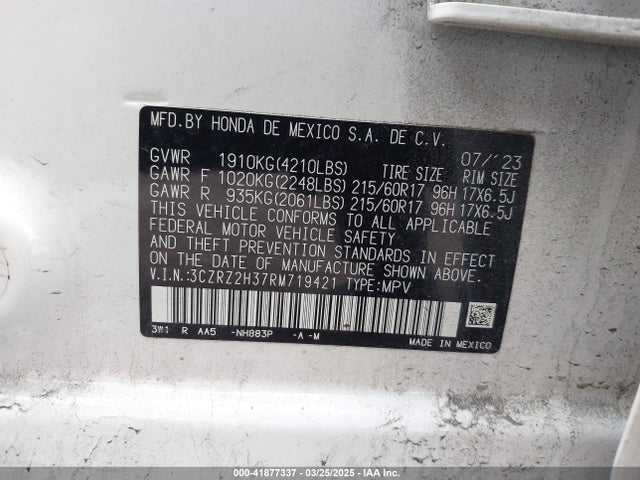 3CZRZ2H37RM719421 Honda Hr-v Awd Lx