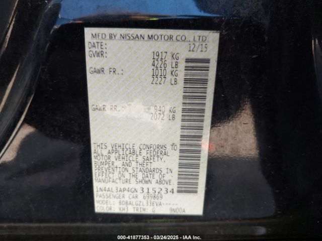 1N4AL3AP4GN315234 Nissan Altima 2.5/2.5 S/2.5 Sl/2.5 Sr/2.5 Sv