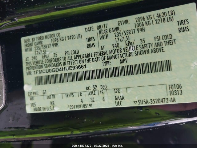 1FMCU0GD4HUE93661 Ford ESCAPE SE