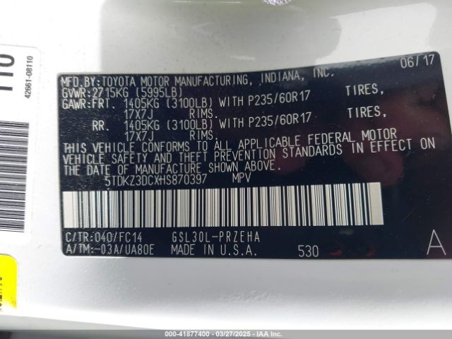 5TDKZ3DCXHS870397 Toyota Sienna Le 8 Passenger