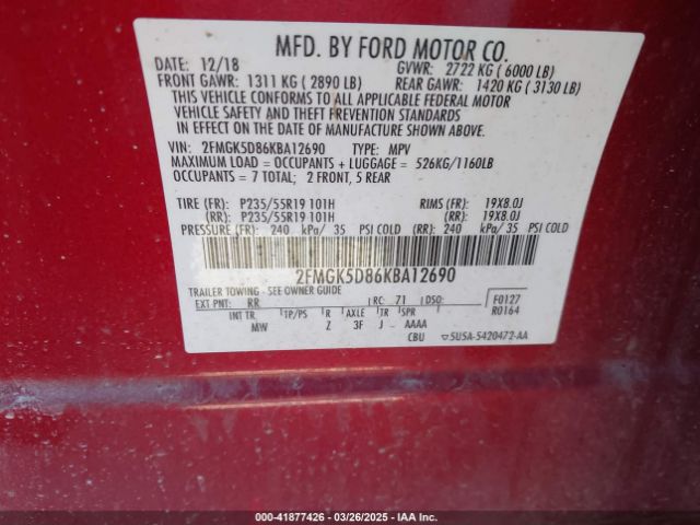 2FMGK5D86KBA12690 Ford Flex Limited