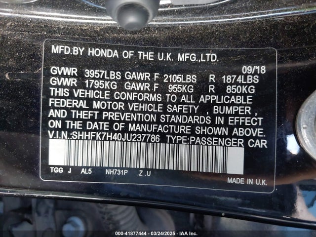 SHHFK7H40JU237786 Honda Civic Sport