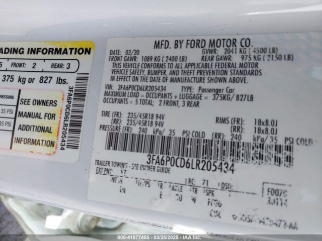 3FA6P0CD6LR205434 Ford FUSION SEL