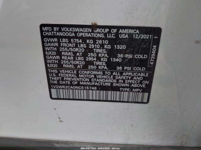1V2WR2CA0NC515746 Volkswagen Atlas 3.6l V6 Se W/technology