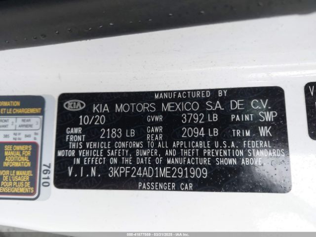 3KPF24AD1ME291909 KIA Forte Lxs