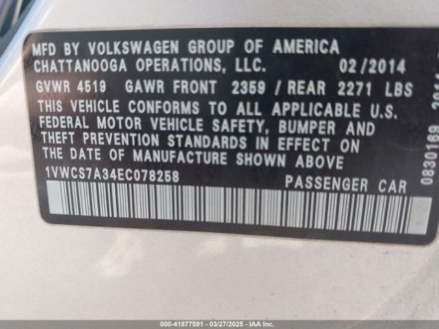 1VWCS7A34EC078258 Volkswagen Passat 1.8t Sel Premium