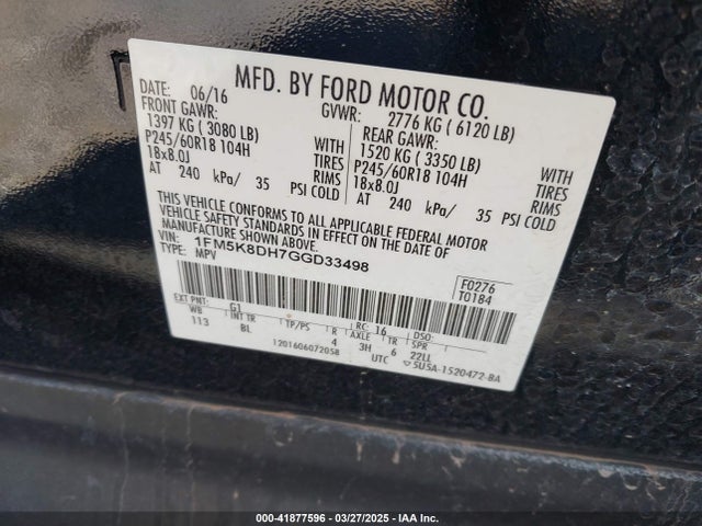 1FM5K8DH7GGD33498 Ford EXPLORER XLT