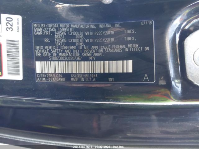 5TDDZ3DC9JS207367 Toyota Sienna Xle 7 Passenger