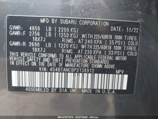 2023 SUBARU OUTBACK 4S4BTANC0P3138912 Photo 8