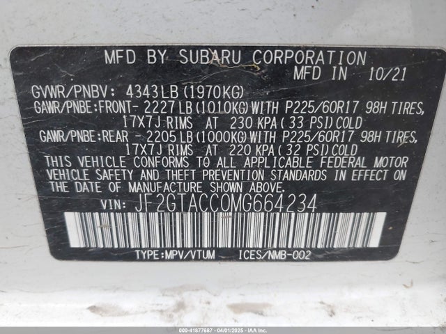 JF2GTACC0MG664234 Subaru Crosstrek Premium