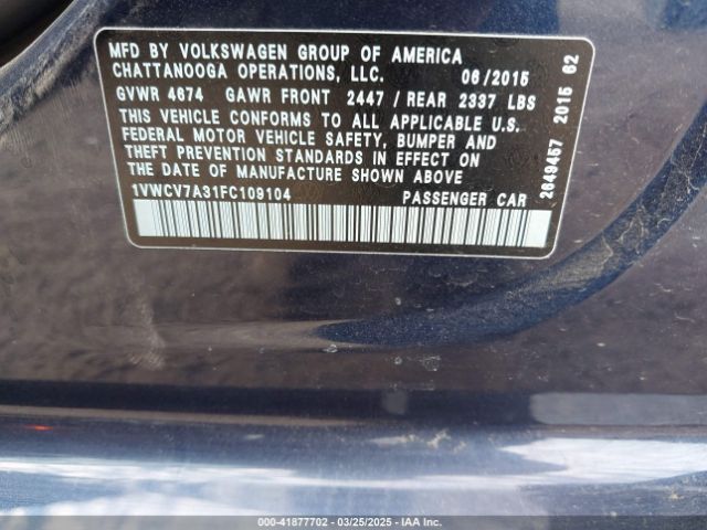 1VWCV7A31FC109104 Volkswagen Passat 2.0l Tdi Sel Premium