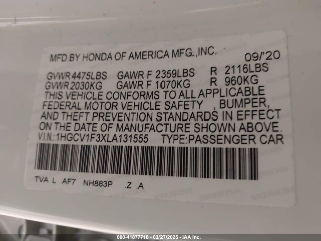 1HGCV1F3XLA131555 Honda Accord Sport