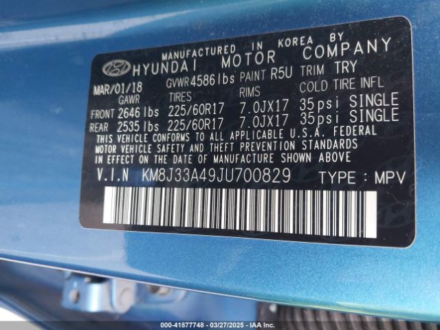 KM8J33A49JU700829 Hyundai TUCSON SEL