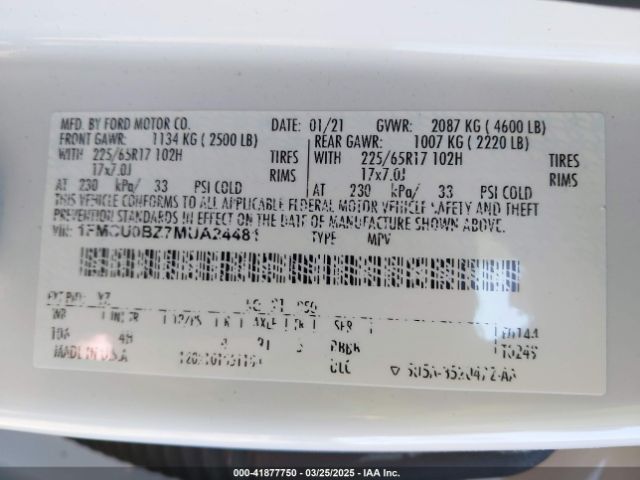1FMCU0BZ7MUA24481 Ford Escape Se Hybrid